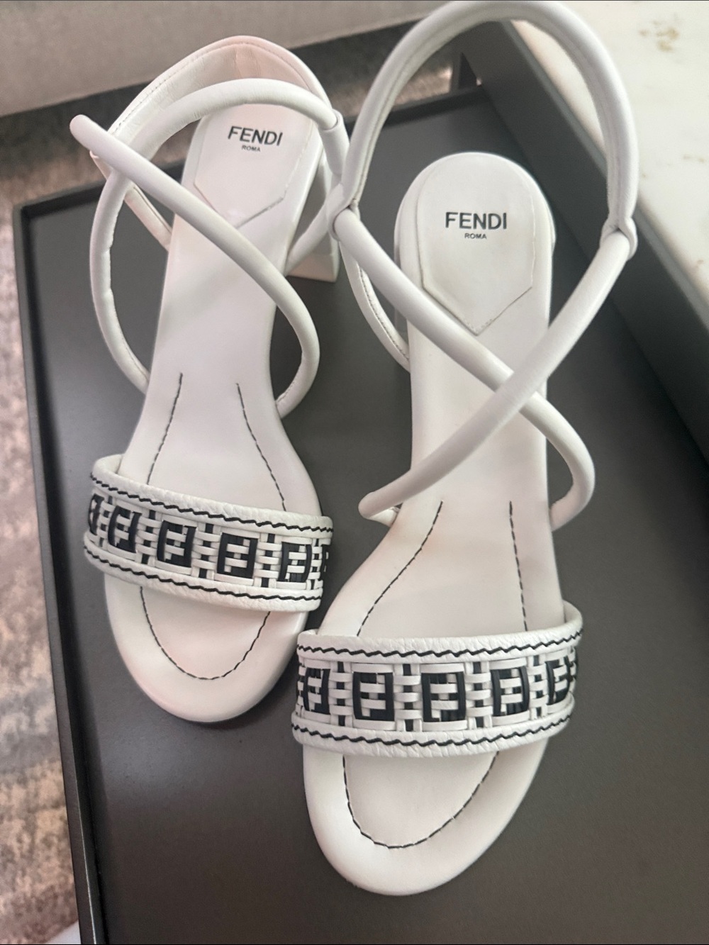 Fendi White Leather Strappy Sandals with Black Monogram Band